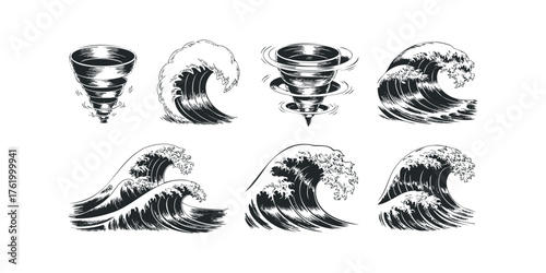 Stylized depiction of swirling whirlpools and crashing ocean waves