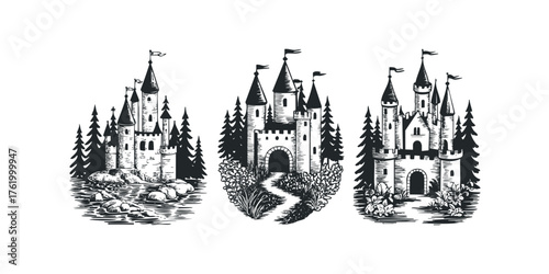 Three whimsical fairytale castles surrounded by forest and flora