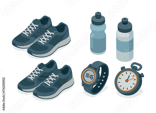 Isometric sports gear: running shoes, water bottles, smartwatch, stopwatch