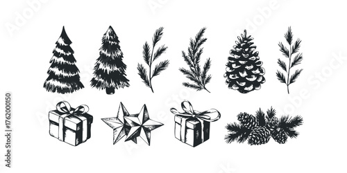 Christmas elements pine trees gifts stars pinecones