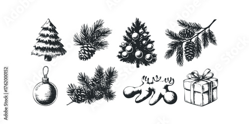 Sketchy festive elements including pine trees, pinecones and gift box