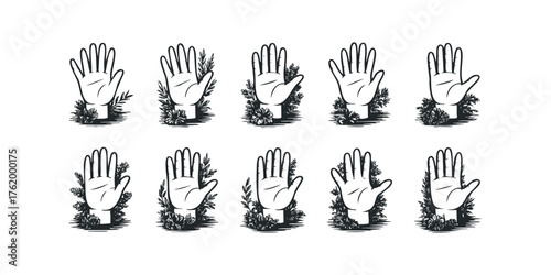 Ten open hands with delicate foliage at the base