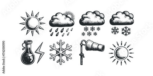 Weather forecast symbols sun rain snow wind lightning flask