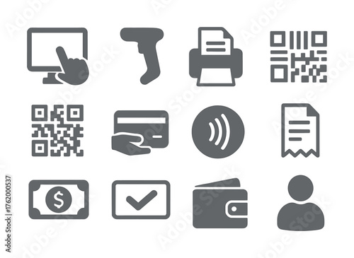 Set of twelve digital and financial icons including qr code and payment methods