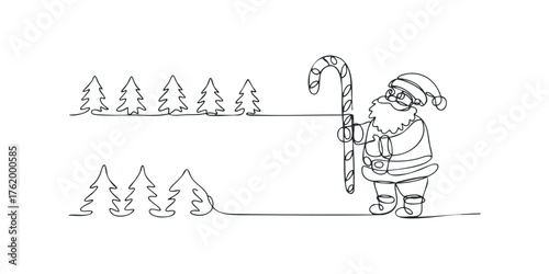 Continuous line drawing of Santa Claus holding a candy cane among pine trees