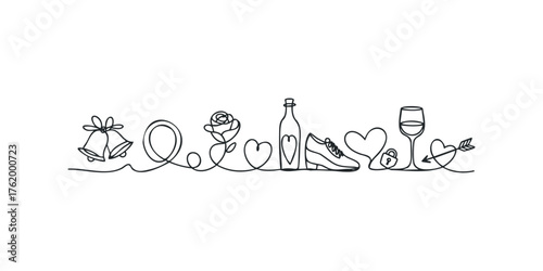 Continuous line drawing of wedding bells, rose, shoe, wine glass