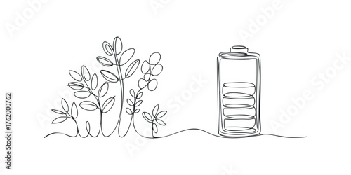 Continuous line drawing of battery and growing plants