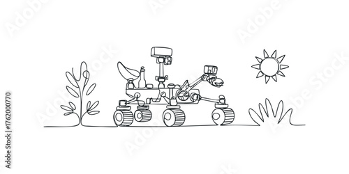Space rover exploring with sun and plant