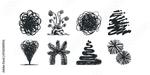 Collection of abstract ink sketch shapes and botanical form