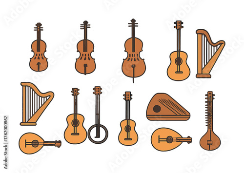 Collection of string musical instruments including violin, guitar, harp, and banjo