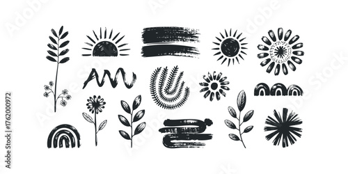 Black Abstract Hand Drawn Organic Shapes and Botanical Elements