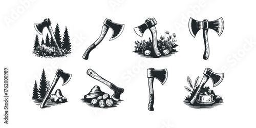 Collection of Axe Illustrations With Woodland Elements