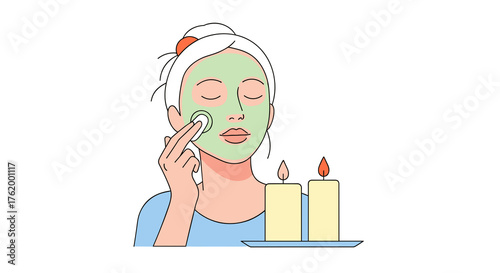 Woman applying face mask with candles nearby, concept of Christmas, New Year  