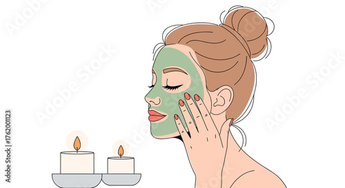 Woman applying face mask with candles nearby during winter self-care  