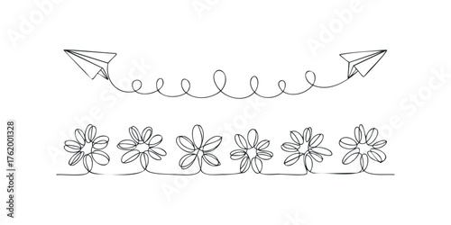 Paper airplane traveling through wavy line with flowers