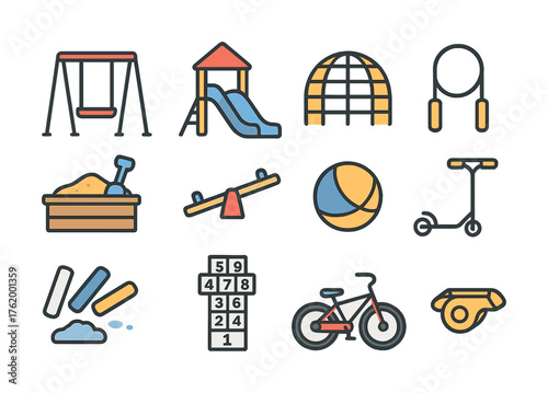 Outdoor playground equipment icons set featuring slide, swing, sandbox, seesaw, scooter, bicycle, jump rope, playground ball