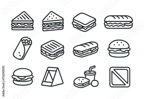 Assorted sandwich icons: burger, wrap, panini, and snack illustrations in line art style