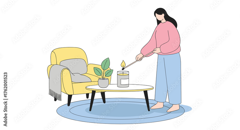 Fototapeta premium Woman lighting aromatic candle in cozy living room space, concept of Christmas, New Year 