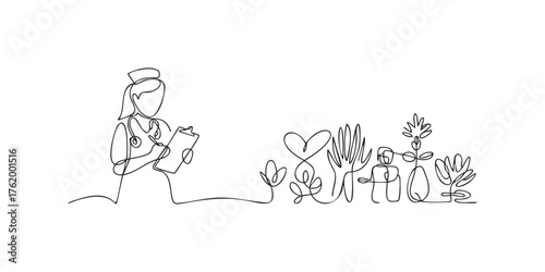 Line drawing of healthcare professional with medical instruments and plants