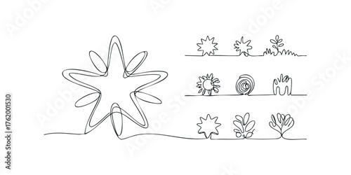 Single Line Drawing of Abstract Organic Shapes and Starburst