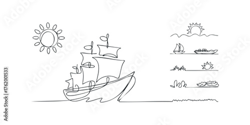 Single line drawing of a sailboat on the sea with sun