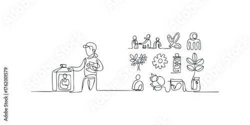 Person holding container with small figures and plants graphic