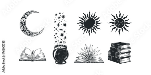 Esoteric symbols including moon, sun, stars, cauldron, and books