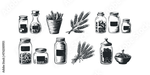 Collection of jars and wheat stalks with food items
