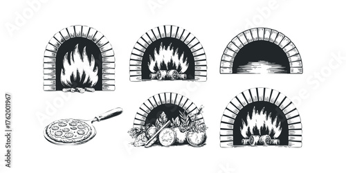 Sketch Collection of Brick Ovens and Pizza