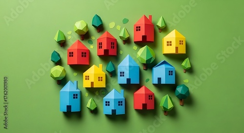 Colorful Miniature Houses and Trees on Green Background.