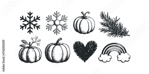 Hand-drawn icons for seasons and love symbols