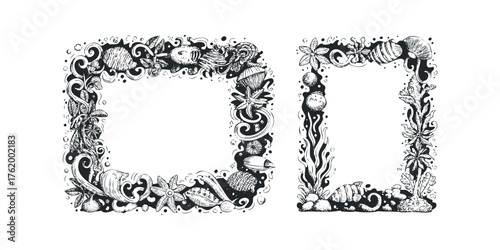 Ornate sea life decorative frame border with marine elements