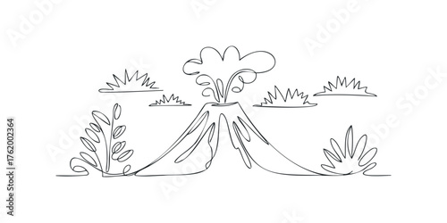 Single line drawing of a volcano erupting with smoke and plants