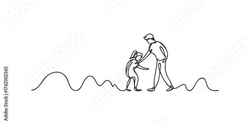 Adult helping child up, continuous line drawing style