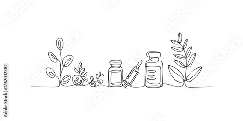 Line art with medical vials and syringe surrounded by plants