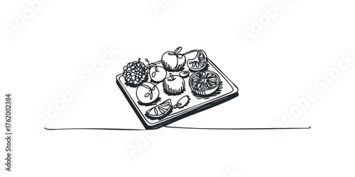 Hand drawn fruit assortment on a cutting board