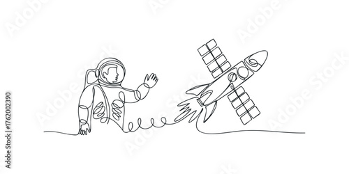Astronaut waving hello near a launching rocket with solar panels
