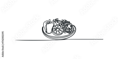 Continuous Line Drawing of a Fruit Bowl with Citrus and Pepper