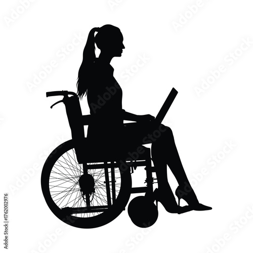 Black silhouette of young woman in wheelchair working on laptop side view vector on white background.