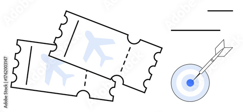 Two airplane tickets symbolize travel plans, accompanied by a target and dart reflecting goals and precision. Ideal for travel planning, success, business, goals, strategy, tourism, career ambition