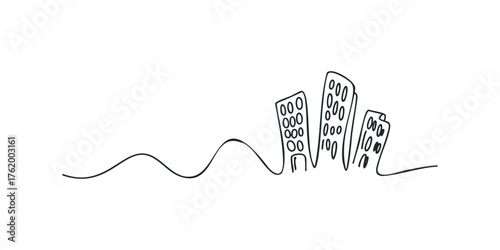 Minimalist line drawing of city buildings with wavy horizon