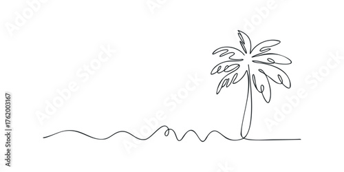 Single line drawing of a palm tree and wavy line