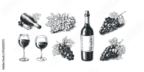 Still life arrangement of grapes and wine bottles with glasses