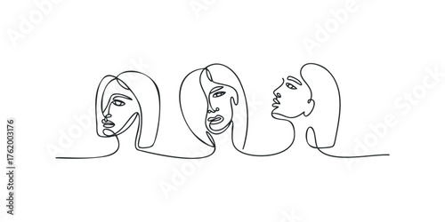Three abstract female faces in a continuous line drawing