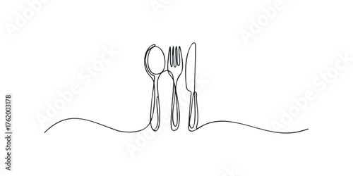 Minimalist single line drawing of fork spoon and knife