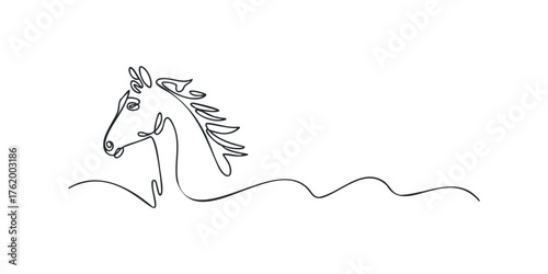 Continuous line drawing of horse head in water