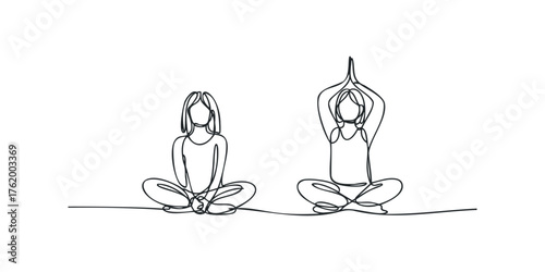 Two figures performing yoga poses in continuous line drawing style