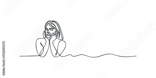Single line drawing of a smiling woman with hands on cheeks