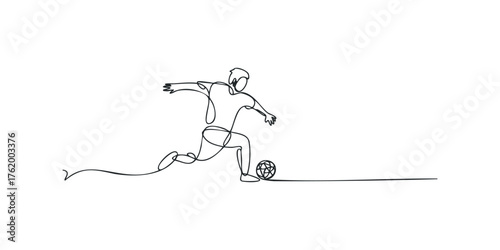 Line drawing of a person kicking a soccer ball