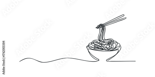 Single line drawing of noodles in bowl with chopsticks
